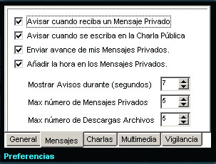Ventana de preferencias: Mensajes